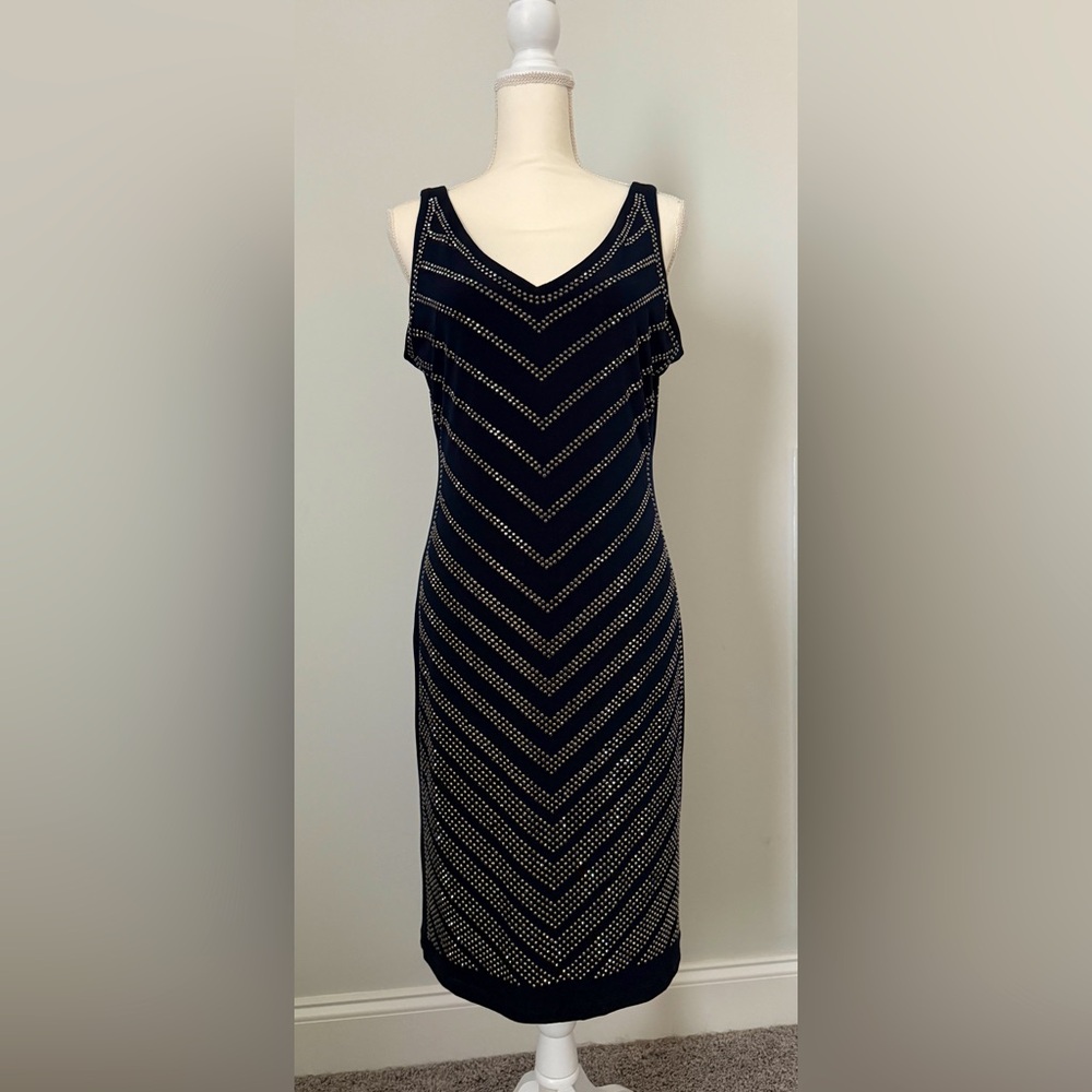 🔥 🔥 NWT Gorgeous Carmen Marc Valvo navy sparkly studs dress size L 🌸